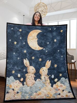 Easter Bunny Moonlight Quilted Blanket – Enchanted Spring Night – EBMQBES8439