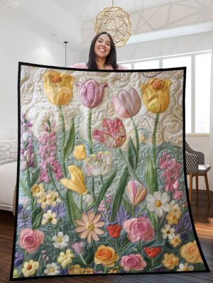 Easter Floral Patchwork Quilted Blanket – Blooming Spring Garden – EFPQBBG7315