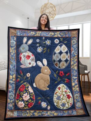 Vintage Folk-Art Easter Quilted Blanket – Heirloom Patchwork Charm – VFAEQBHP9426