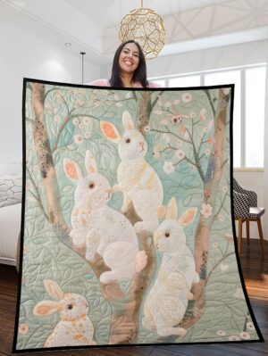 Whimsical Easter Bunny Quilted Blanket – Pastel Woodland Charm – WEBQBPW8247