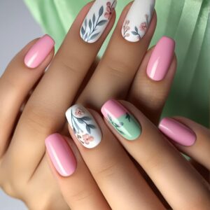 24Pcs Floral Ballet-Style Spring Summer Multi-Color Glossy Cool Press On Nails