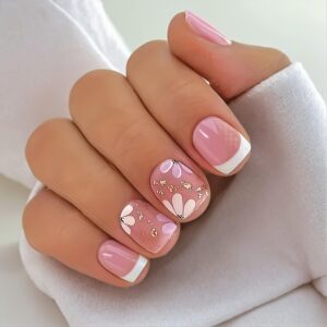 24Pcs Floral French Tip Short Square Cool Press On Nails Pink & White Matte Summer, Spring