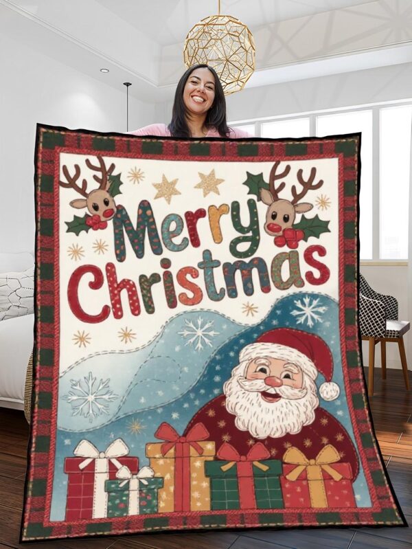 Elegant Christmas Quilted Blanket – Festive Red and Green Plaid, Whimsical Snowflakes, Cheerful Santa, Oversized Stitched Merry Christmas Text, Adorned with Holly and Reindeer Accents – Perfect For Home, Living Room, Fireplace, And Bedroom Decor — Ideal For Indoor Decoration, Gift Ideas And Crafts, Cozy, Elegant, Classy, Chic, Cute, Unique, And Aesthetic Christmas Throw Blanket