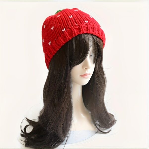 Women's Strawberry Beanie Hat – Lightweight Stretchy Crochet Design, Red & White Heart Details, Spring/Autumn Casual Fashion - Image 3