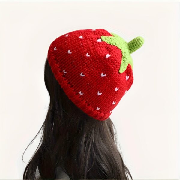 Women's Strawberry Beanie Hat – Lightweight Stretchy Crochet Design, Red & White Heart Details, Spring/Autumn Casual Fashion - Image 5