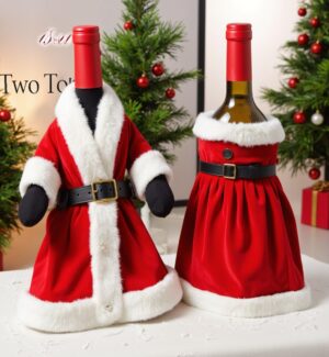 2 Pcs Christmas Velvet Dress Bottle Cover – Creative Christmas Red Bottle Decor, Suitable For Christmas Decoration, Holiday Decor, Party Decoration