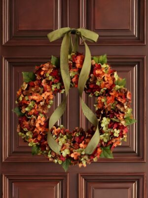 Harvest Festival Outdoor Courtyard Ribbon Wreath – Christmas And Thanksgiving Autumn Garland Door Hanging Hydrangea Wreath