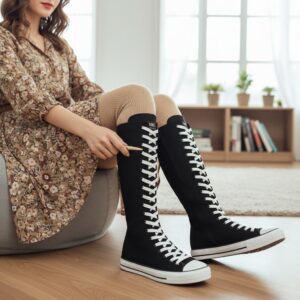 High Top Canvas Shoes – Women's Korean Edition Long Boot Lace-Up Zipper Comfortable Boot