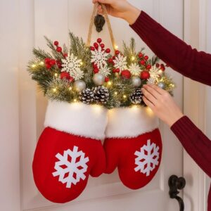Flashing Christmas Glove Wreath With 20 LED Lights – Christmas Wreath For Front Door With Artificial Pine Branches, Red Berries, And Frosted Pine Cones, Suitable For Indoor/Outdoor Decoration