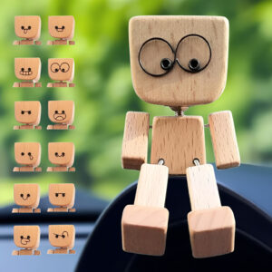 Shaking Feet Wooden Doll Sways with 12 Pcs Magnetic Expressions – Shaking Man Statue Handmade Wooden Man Figurine with Unique Car Dashboard Decoration and Desktop Ornament for Home and Car, Perfect Gift